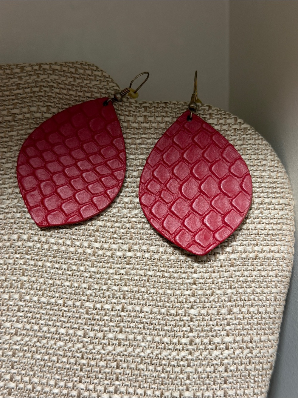Red Teardrop Leather Textured Earrings - Brand Unknown